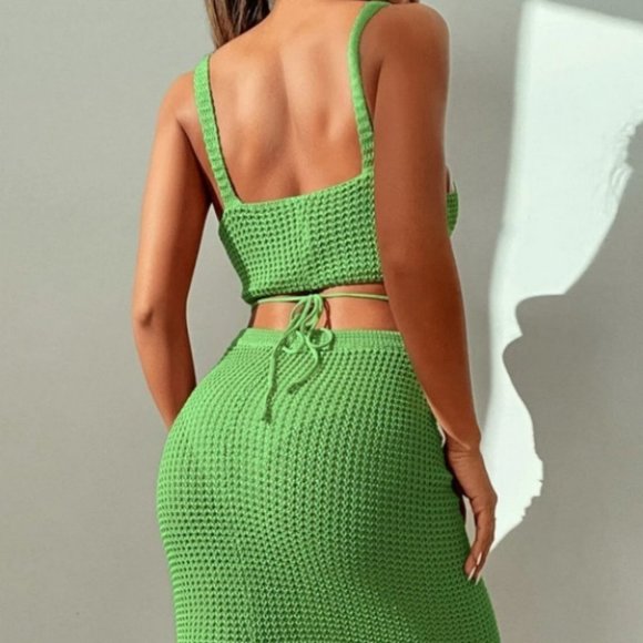 2 piece knit skirt and crop top knit coverup set Green - Picture 15 of 15